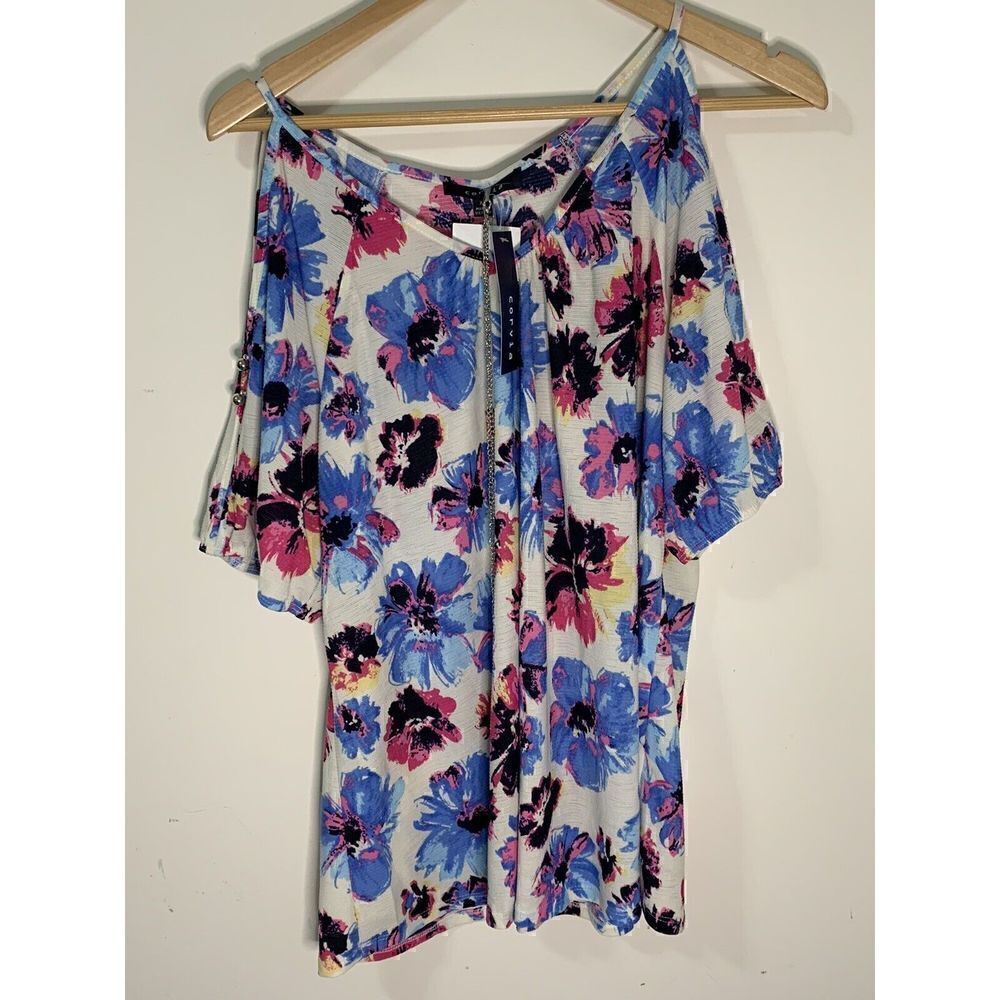 CORVIA Women Size XL Blue & Pink V-Neck Cold Shoulder Sleeve Blouse w/ Necklace
